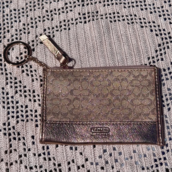 Coach Signature Metallic Gold Card Holder Coin Purse or Bag Charm / Keychain EUC - Picture 3 of 4
